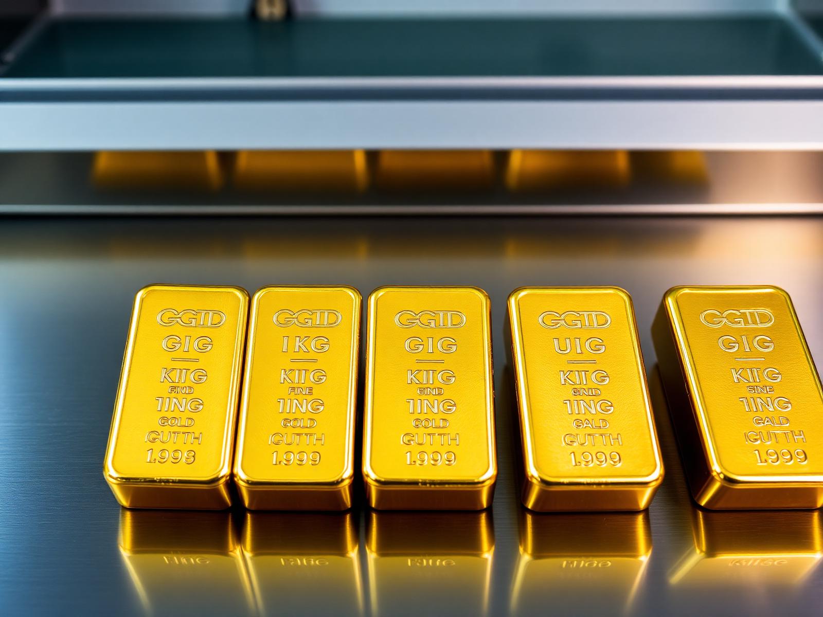 Stack of 24-karat gold bullion bars on emerald velvet